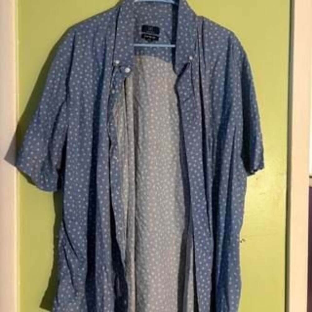 Blue and White Polka Dot Button-Up Shirt
